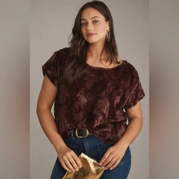 NWT Size L- Anthropologie Maeve faux-fur tee in Chocolate (NWT US$ 120) - Picture 3 of 16